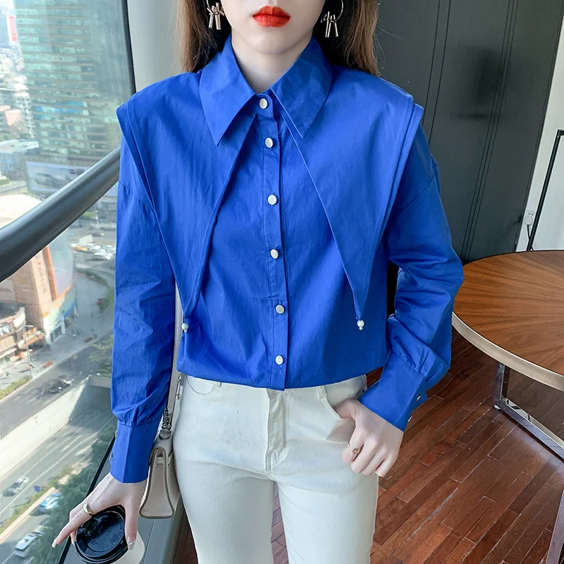 Casual Blue Peter Pan Collar White Shirt Spring Blouse 2023 Long Sleeve Pleasure Shirt Fashion Chic Tops Elegant Clothes 18829