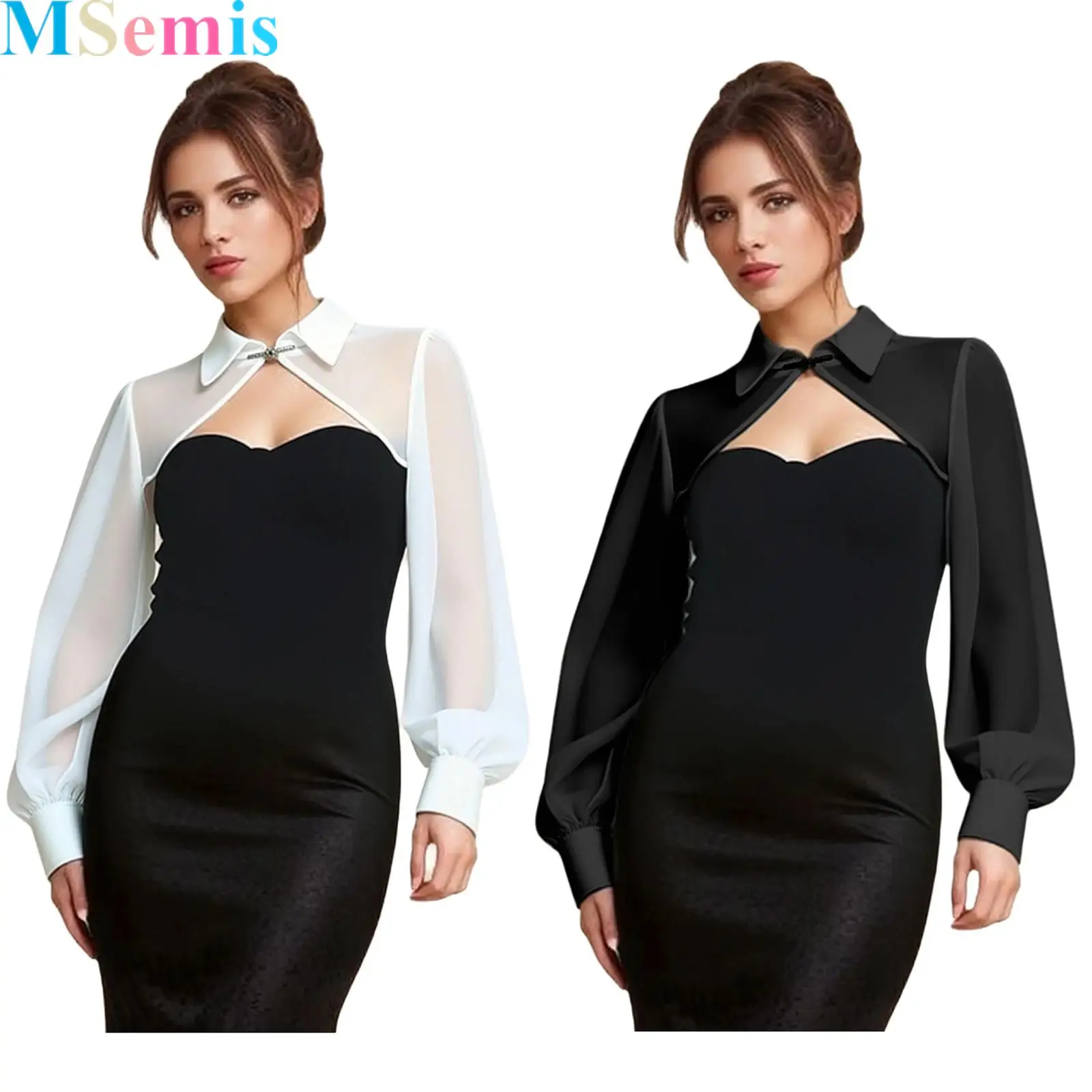 

Women Fashionable See-through Shrug Top Turn-down Collar Long Sleeves Bolero for Wedding Party Birthday Photography
