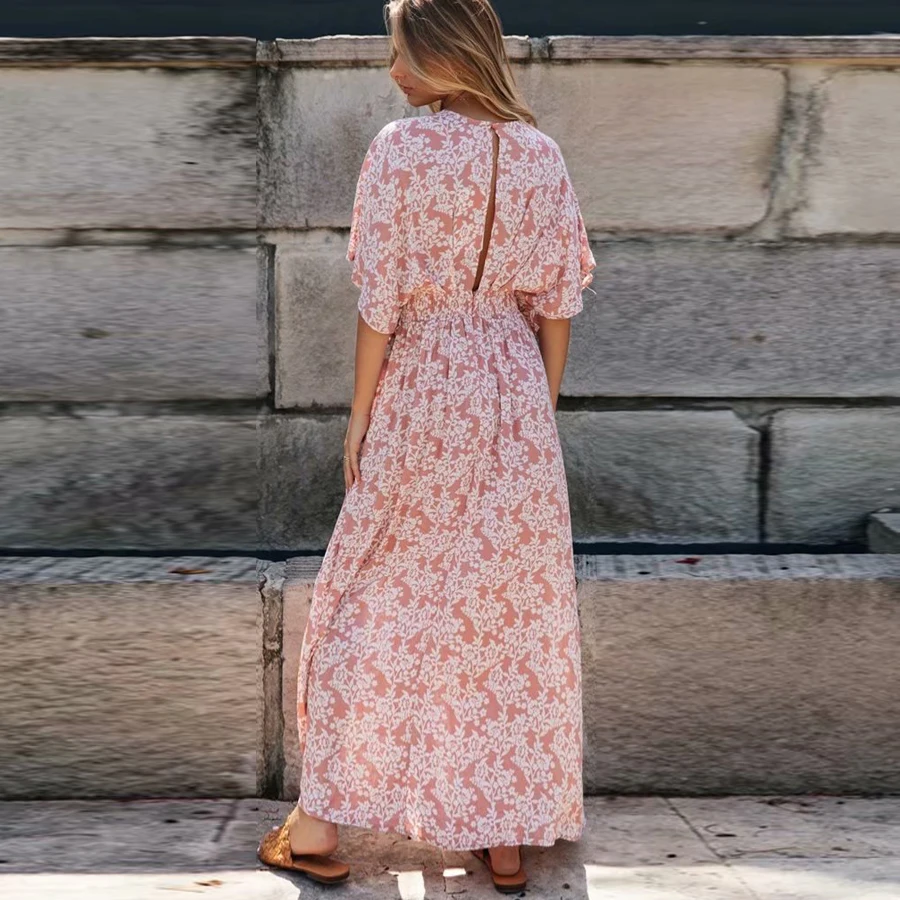 TEELYNN-Robe longue rose à fleurs pour femmes, sexy, décolleté en V profond, fendue sur le côté, style boho, vintage, éducatif, décontracté, plage, été, 2023