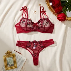 Sexy Lingerie Woman Lace Transparent Underwear Fairy Embroidery Brief Set Delicate Bra Kit Push Up Breves Sets Erotic Red Gift