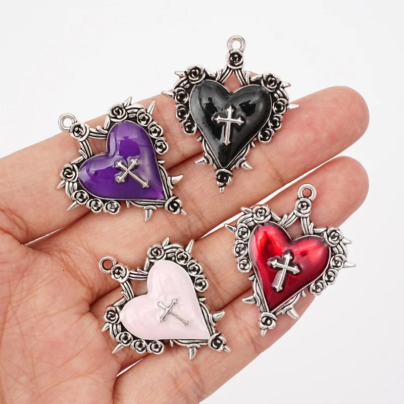 5Pcs Gothic Multi-Color Imitation Enamel Rose Thorn Heart-Shaped Cross Pendant Necklace Bracelet Earrings Jewelry Making Accesso