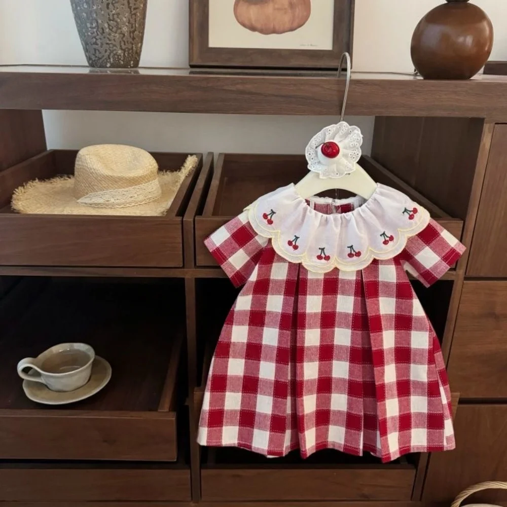 

Baby Girl Dress Summer Red Plaid Lace Short-Sleeve Girl Dress Cute Cotton Baby Dress Baby Girl Clothes