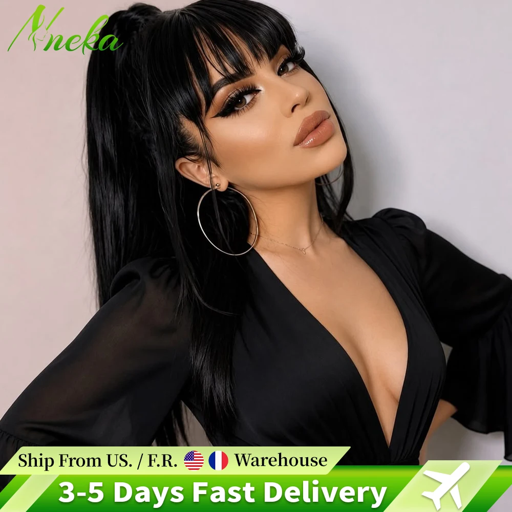 Full Machine Made Bone Straight Human Hair Wig With Bangs 220 Density 30 Inch Brazilian 3x1 Middle Part Wig Human Hair Natural Baby Hair