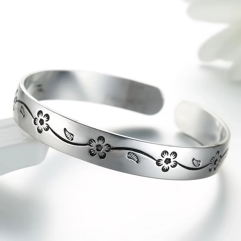 

Buyee 925 Sterling Silver Female Bangles Circle Plum Bossom Open Bangles for Women Fashion Fine Jewelry Bangles Gift