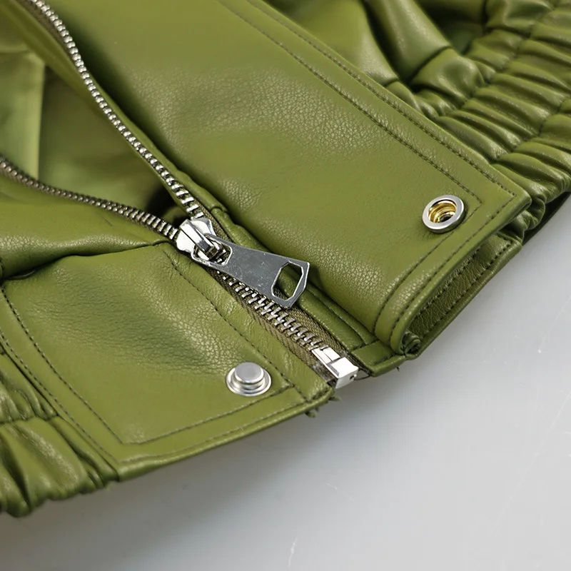 Jacke Coat Silhouette Vintage High Street Zipper Lapel Overcoat Loose Casual Outwear Autumn Olive Green faux Leather Jacket