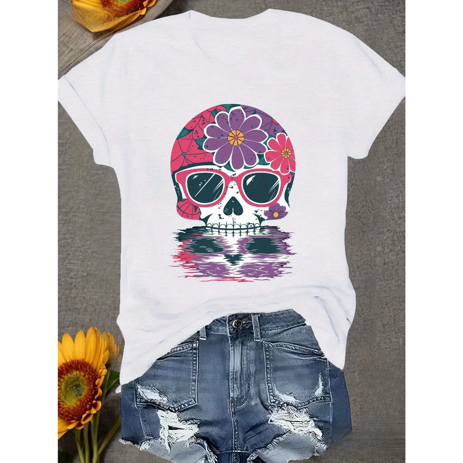 

Plus Size Women's T-Shirt with Floral Skull & Fashion Glasses Design - Casual, Sporty Short Sleeve Tee in Black, Breathable Poly