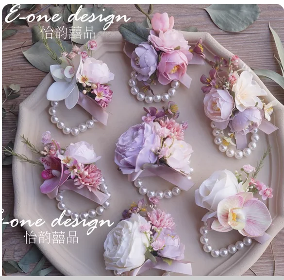 

Mori Korean pink purple bride groom bridesmaid groomsman parents siblings wedding corsage wrist flower celebration