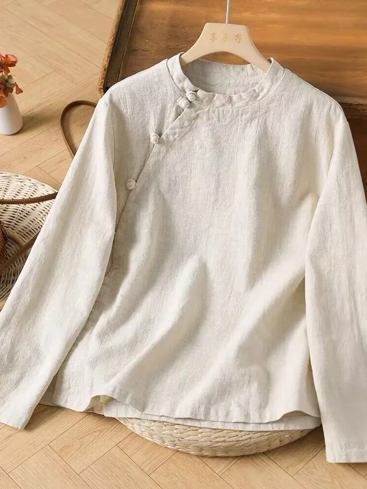 

Ретро дзен, хлопок и лен, чайный утюг, асимметричный воротник-стойка на пуговицах, длинный све, женский весенний топ больших размеров, китайский сле