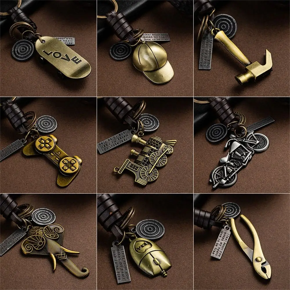 Man Woman Elephant Vintage Brown Keychain Skateboard Leather Music Guitar Keychain Alloy Metal Retro Key Ring Lovers Couple