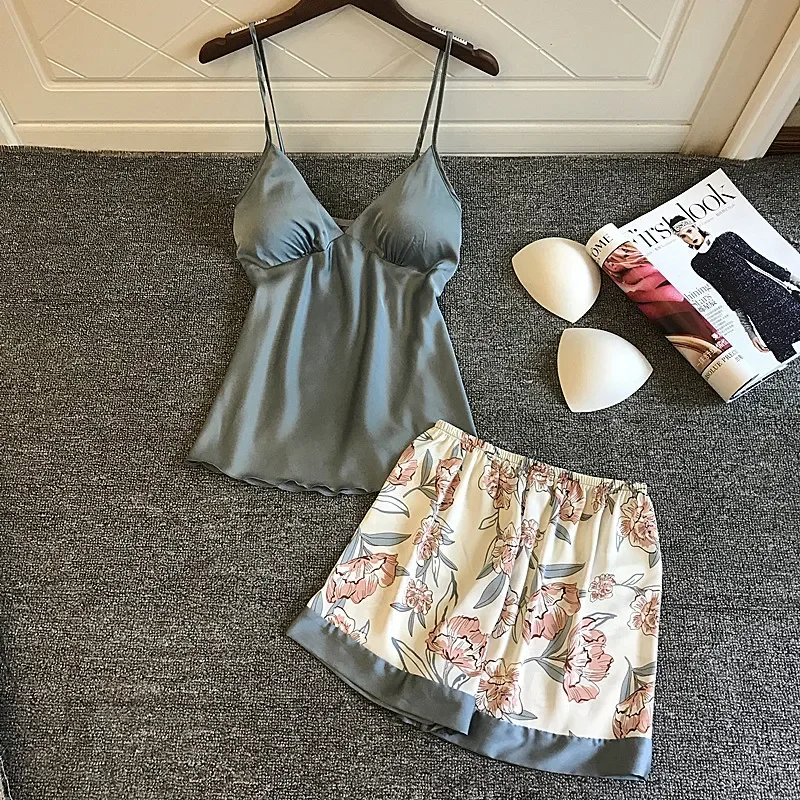QWEEK Home Suit Silk Pajamas for Women Floral Lounge Wear Pijama Summer Pyjamas Satin Sleepwear V-Neck 2 Piece Sets