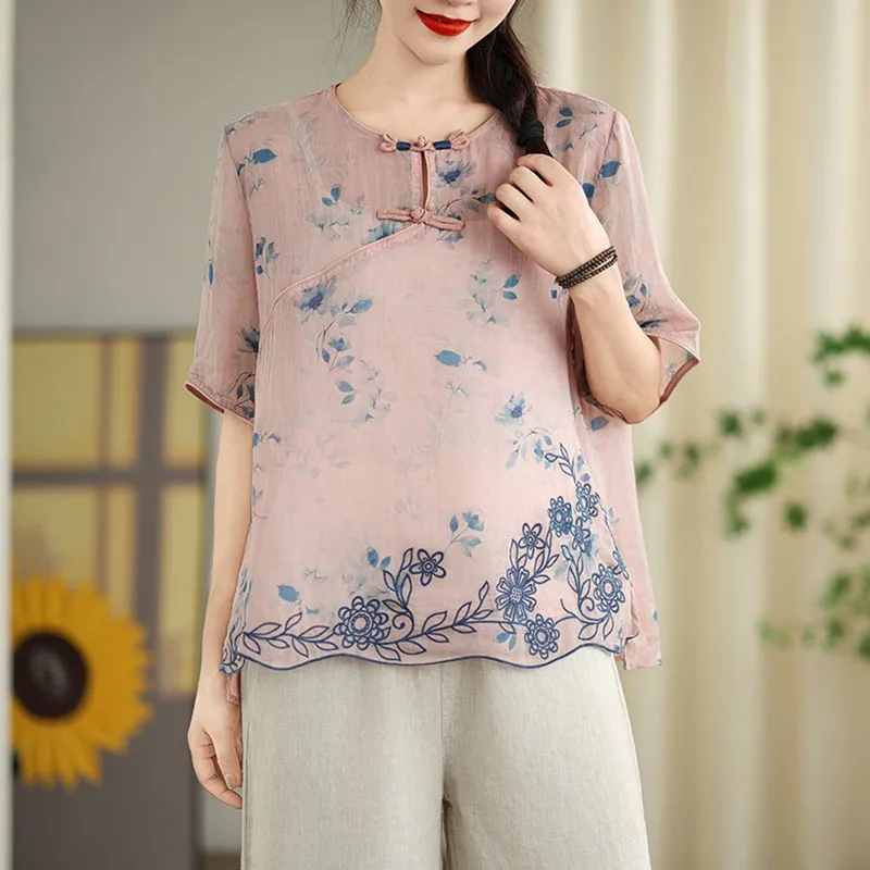 Women Casual Blouses Shirts New Arrival 2024 Summer Chinese Style Vintage Embroidery Loose Feamle Short Sleeve Tops B3882