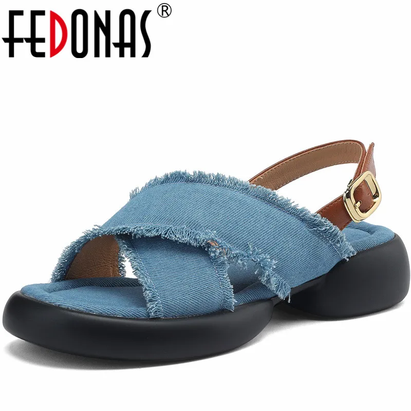 FEDONAS Splicing Genuine Leather Women Sandals 2024 Summer Platforms Thick Heels Leisure Casual Outdoor Mixed Colors Shoes Woman