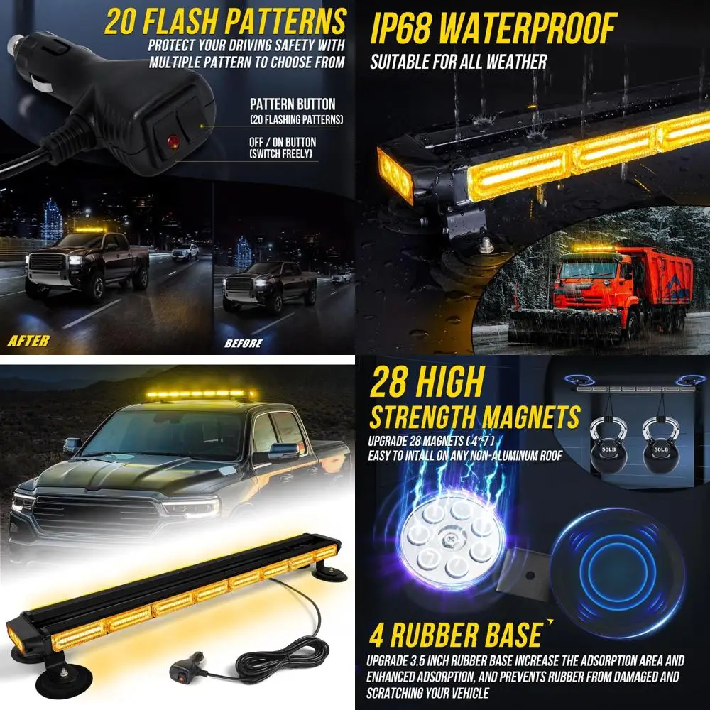 

34 166 LED Amber Strobe Light Bar with Magnetic Base for Work Trucks and Vehicles