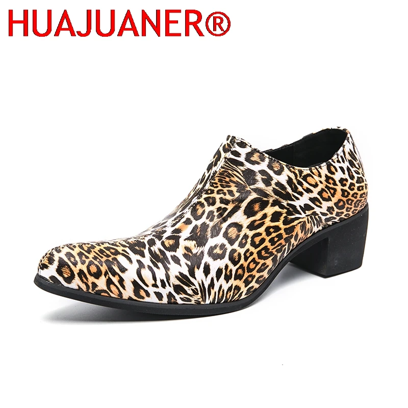 

Leopard Print Men's High Heel Shoes Thick Soled Fashion Big Size Pointed Toe Zip Height Increase Gentleman Oxfords Party Loafers