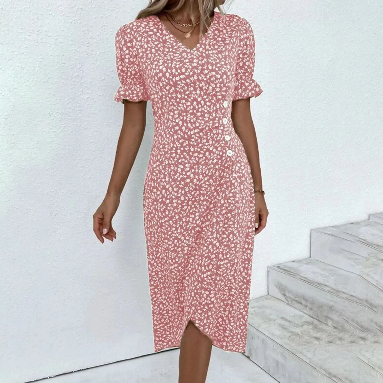 

Vintage Floral Printing Elegant Dress for Women V-Neck Slim Button Mid Length Dresses Short Sleeved Summer Ruffles Dress