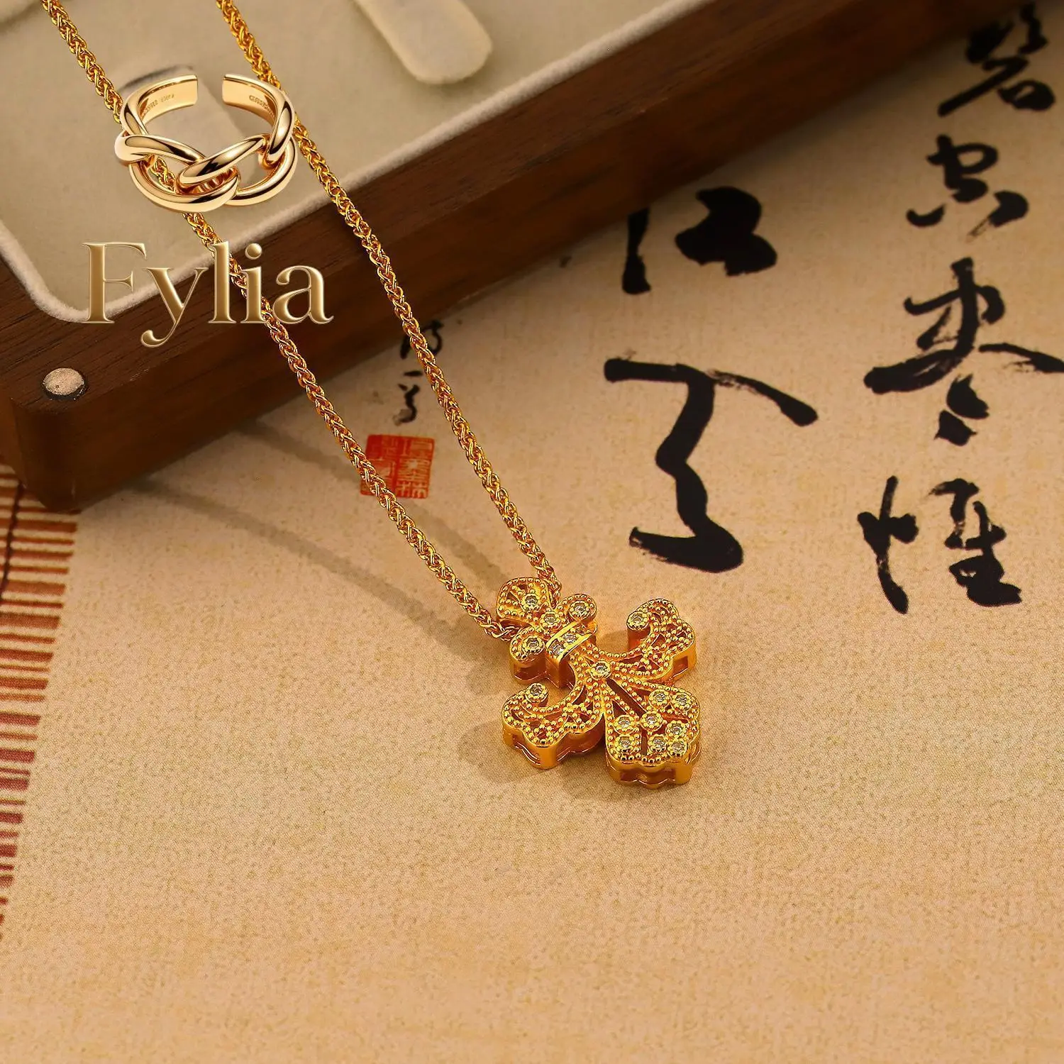 Fylia Jewelry   Light luxury 24K real gold Point diamond iris pendant necklace Fashion 999 pure gold high touch everything cross
