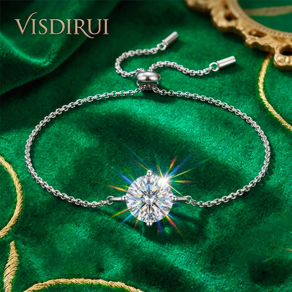 

VISDIRUI 1ct D Color Moissanite Bolo Bracelet S925 Sterling Silver 6.5mm Stone Adjustable Chain Excellent Cut Women Jewelry