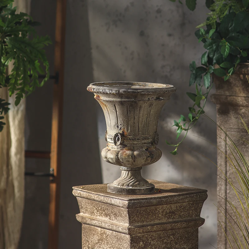 Classic Fluted MgO Garden Urn, Antique Pedestal Flower Pot, Decorative Planter Vase, Home Patio Decor, 29cm, 1.2kg