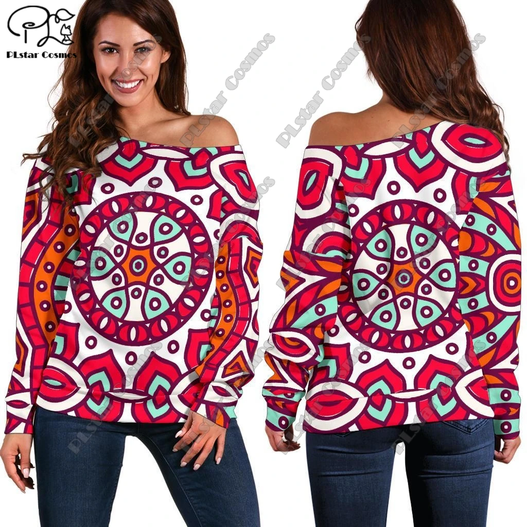 3D printing retro series retro geometric print pattern women's long-sleeved off-shoulder sweatshirt casual long-sleeved F-6