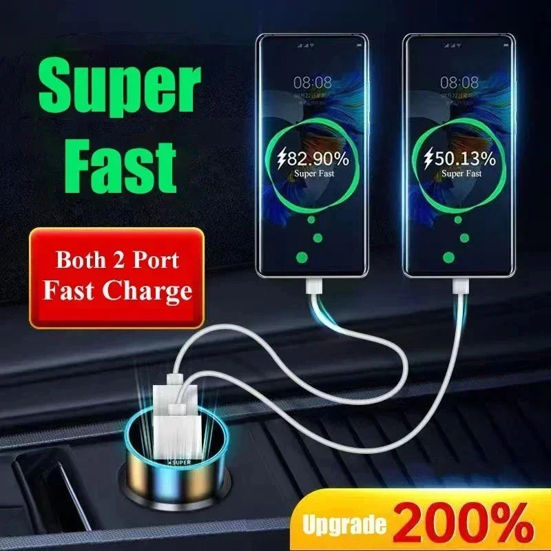 240W USB Car Charger Fast Charging 2 USB Ports Adapter for IPhone Samsung Xiaomi Quick Charging Chargers with Digital Display