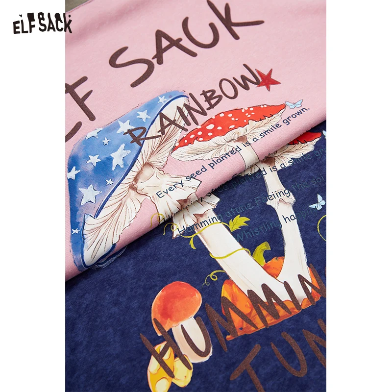 ELFSACK 2025 Summer New Arrival Loose Casual Niche Top Insert Shoulder Collision Colour Printing Short Sleeve Graphic T-shirt