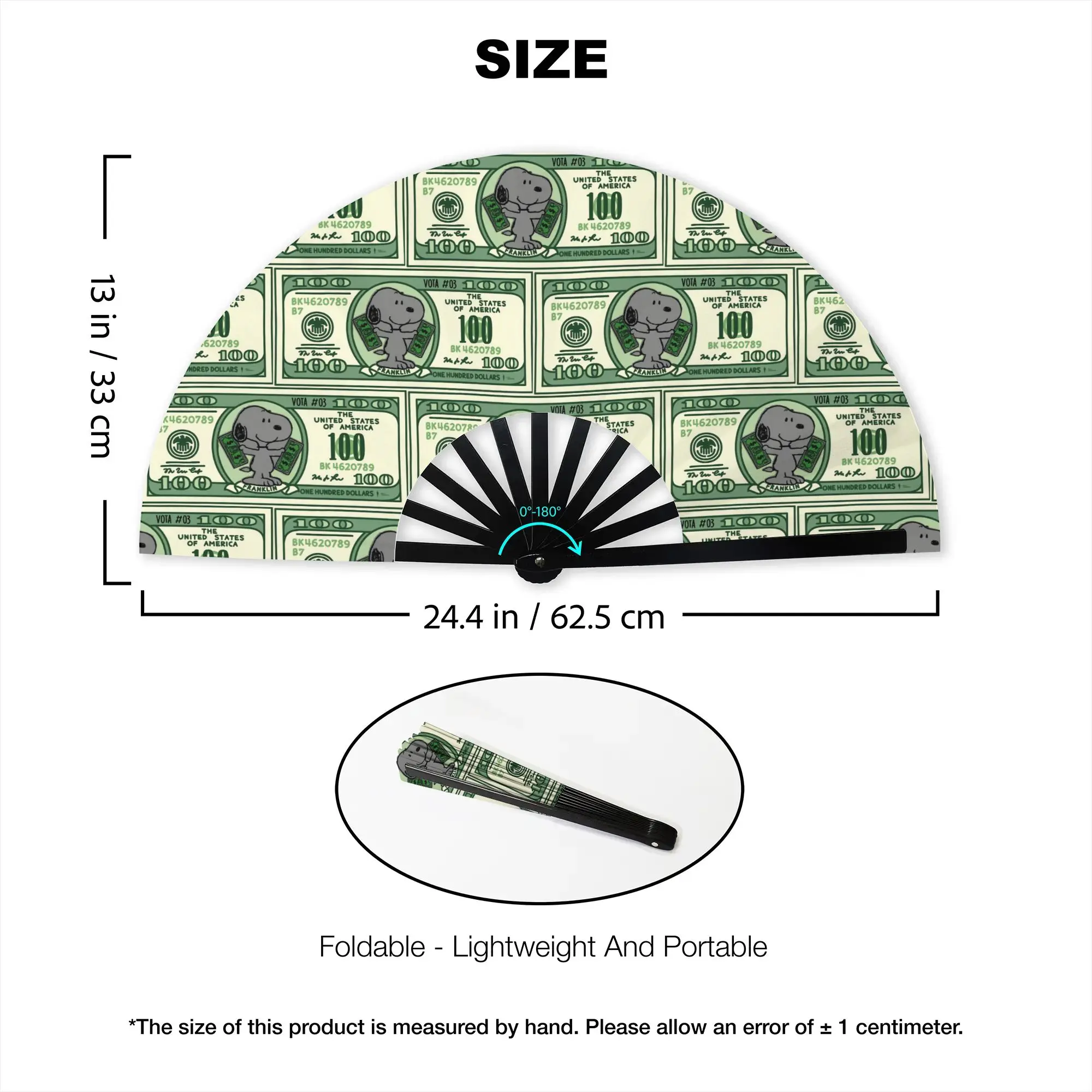 S-SNOOPY on a REAL Dollar  Folding Hand Fan Anime Dog  Polyester Fabric Fan Fashion Summer Accessory Decorative Fans view 3