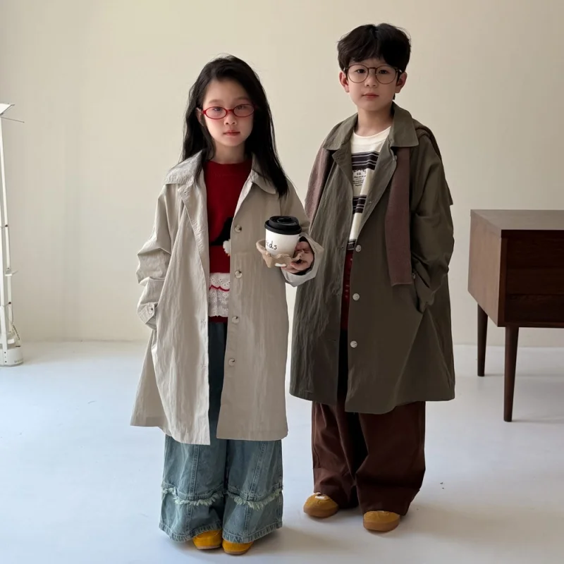 

2026 Spring Children Girl Trench Coat Loose Turn Down Collar Kid Baby Girl Outerwear Jacket Casual Toddler Girl Mid-length Coat