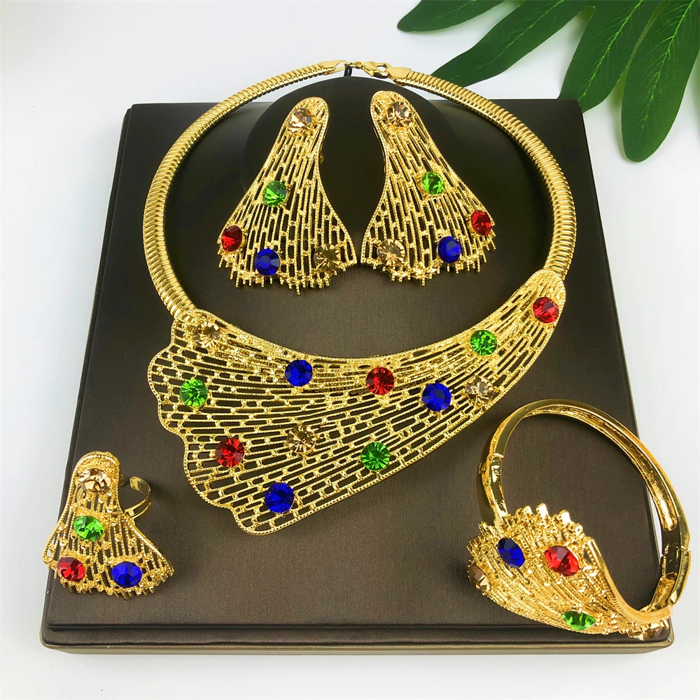 18K Gold Plated Jewelry Set Colorful Rhinestone Flower Necklace Earrings Bracelet Ring Women African Bridal Wedding Party Gifts