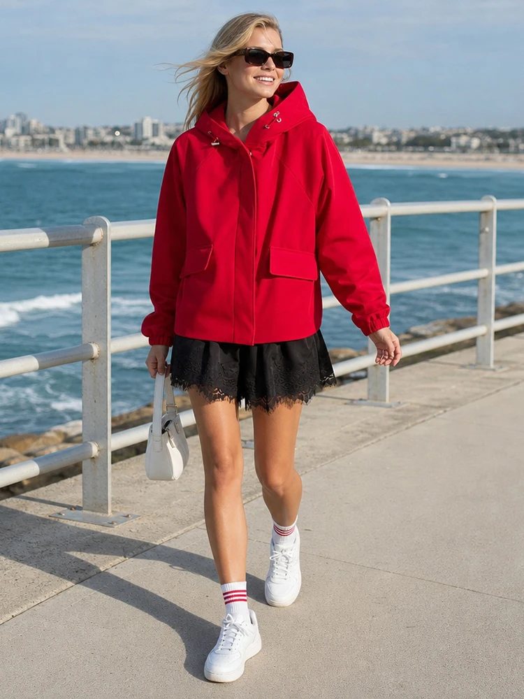 Women Solid Drawstring Hooded Jacket Zip Up Front Flap Pockets Elastic Cuff Long Sleeve Outerwear Casual Daily Holiday Outfit