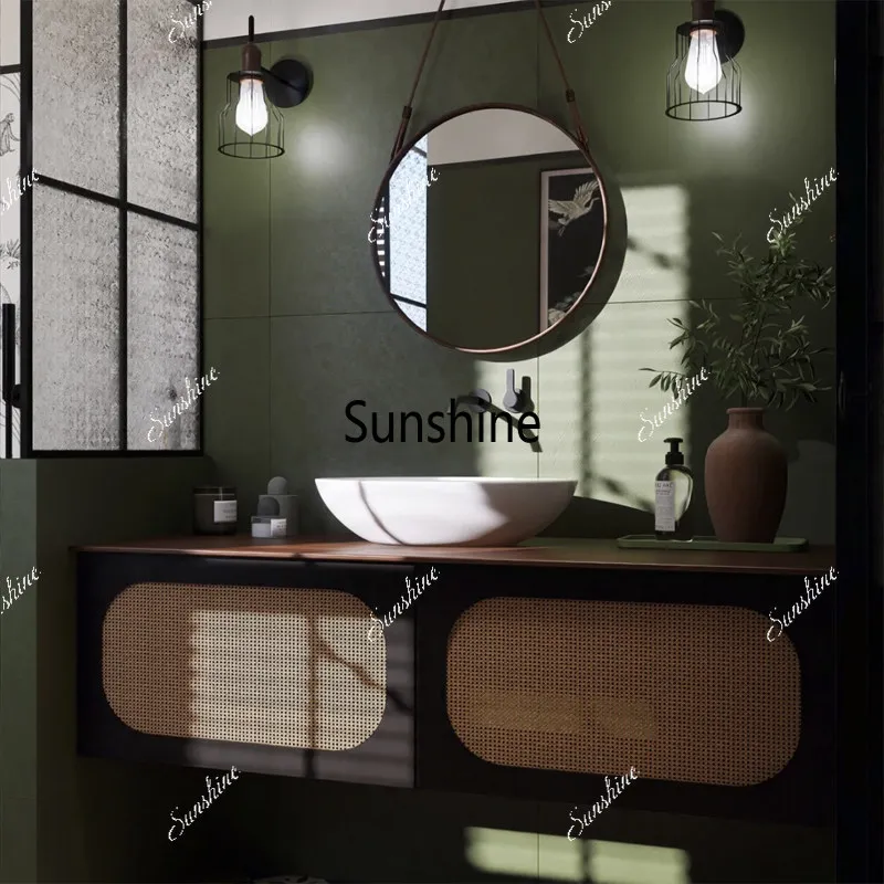 Rattan bathroom cabinet bathroom, retro style bathroom, washbasin on the counter, narrow side