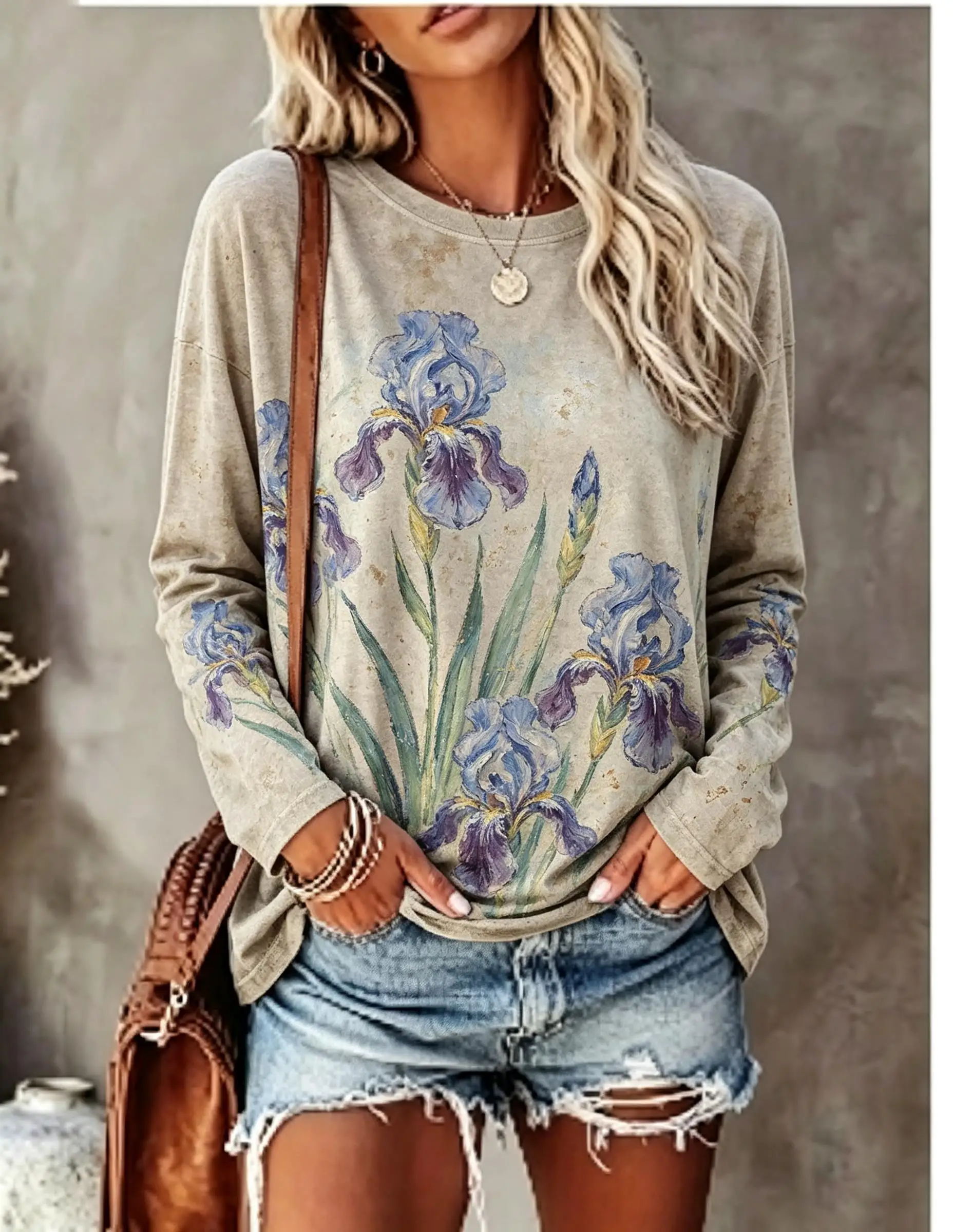 Women Long Sleeve T Shirt Vintage Purple Rose Floral Print Crew Neck Casual Boho Fall Tops image 5