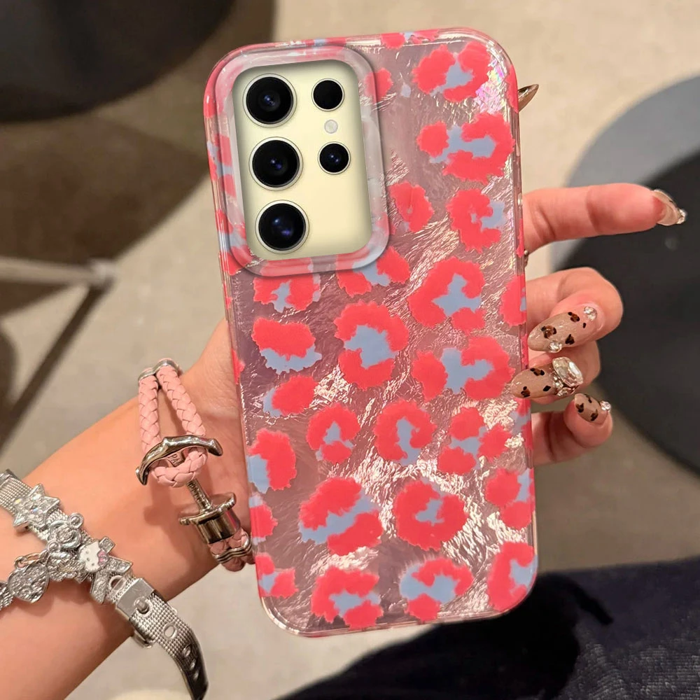 Pink Retro Leopard Cherry Women Girls Phone Case For Samsung Galaxy S21 S22 S23 S24 S25 Edge Plus S20 FE Ultra Shell Bags Cover