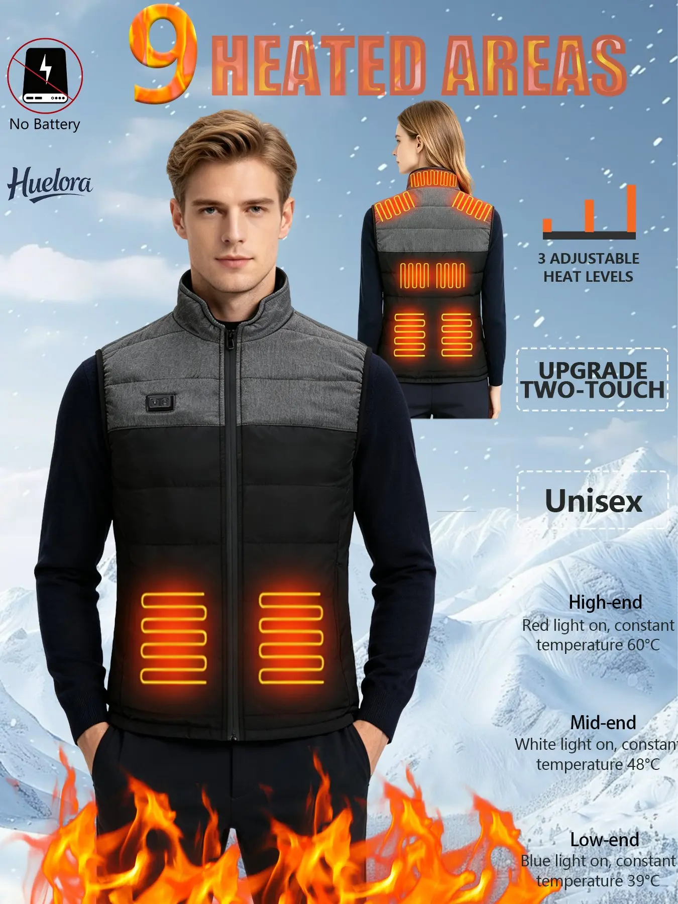 Unisex Stand Collar 9 Heating Zones Color Block Heated Vest Electric Thermal Gilet, 3 Temp Levels, Winter Outdoor Work Vest