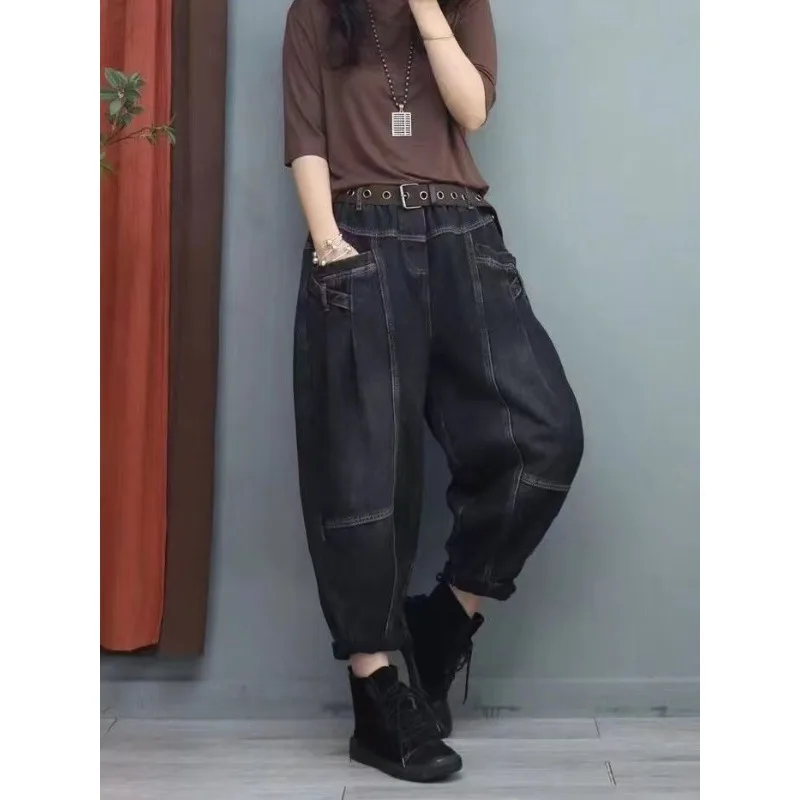 

джинсы y2k Women's Vintage Jeans, Plus Size Loose Wide Leg Harem Pants, Elastic Waist Fashion Casual Trousers for Spring Autumn