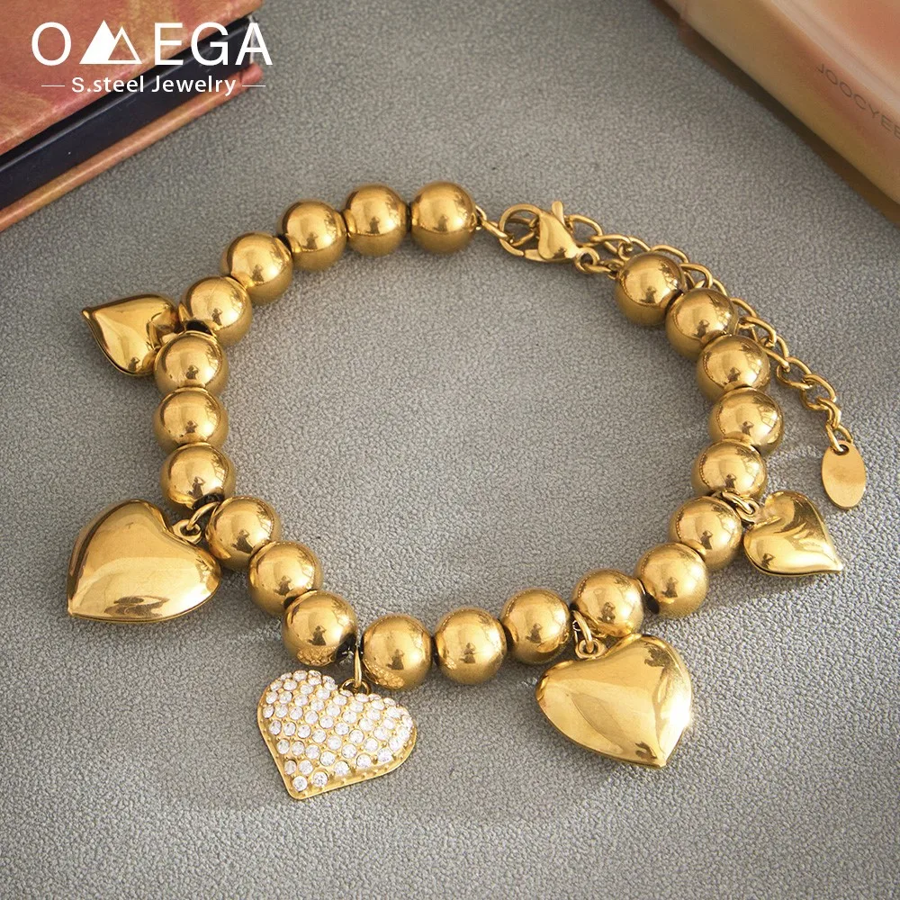 Stainless Steel 8mm Ball Chain Bracelet For Women 18k Gold Plated Waterproof Non Tarnish Beaded Bracelets Heart Charm Bracelet