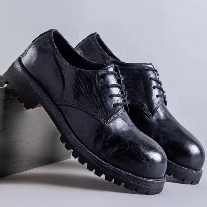 Italian Retro Craft Washed Horsehide Formal Shoes for Men's Dress Shoes Goodyear Horse Leather Hand-sewn Thick Soled Derby Shoes