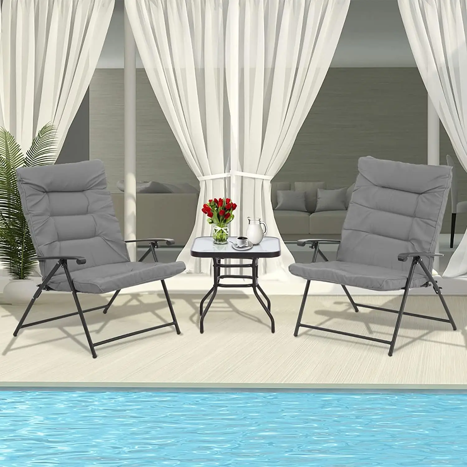 3 PCS Folding Chair Set Outdoor Furniture Adjustable Reclining Bistro Set with Classic Grey Cushions, Steel Frame & Coffee Table