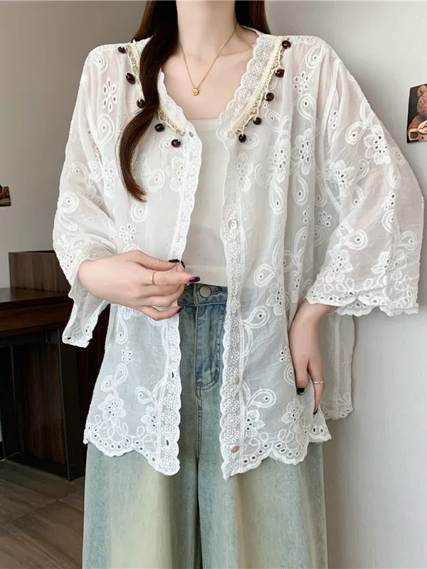 سترة مفتوحة من الدانتيل واللؤلؤ المطرز لربيع وصيف جديد Sle مقاس كبير للنساء فضفاضة من القطن irt سبعة أزرار Sve #4