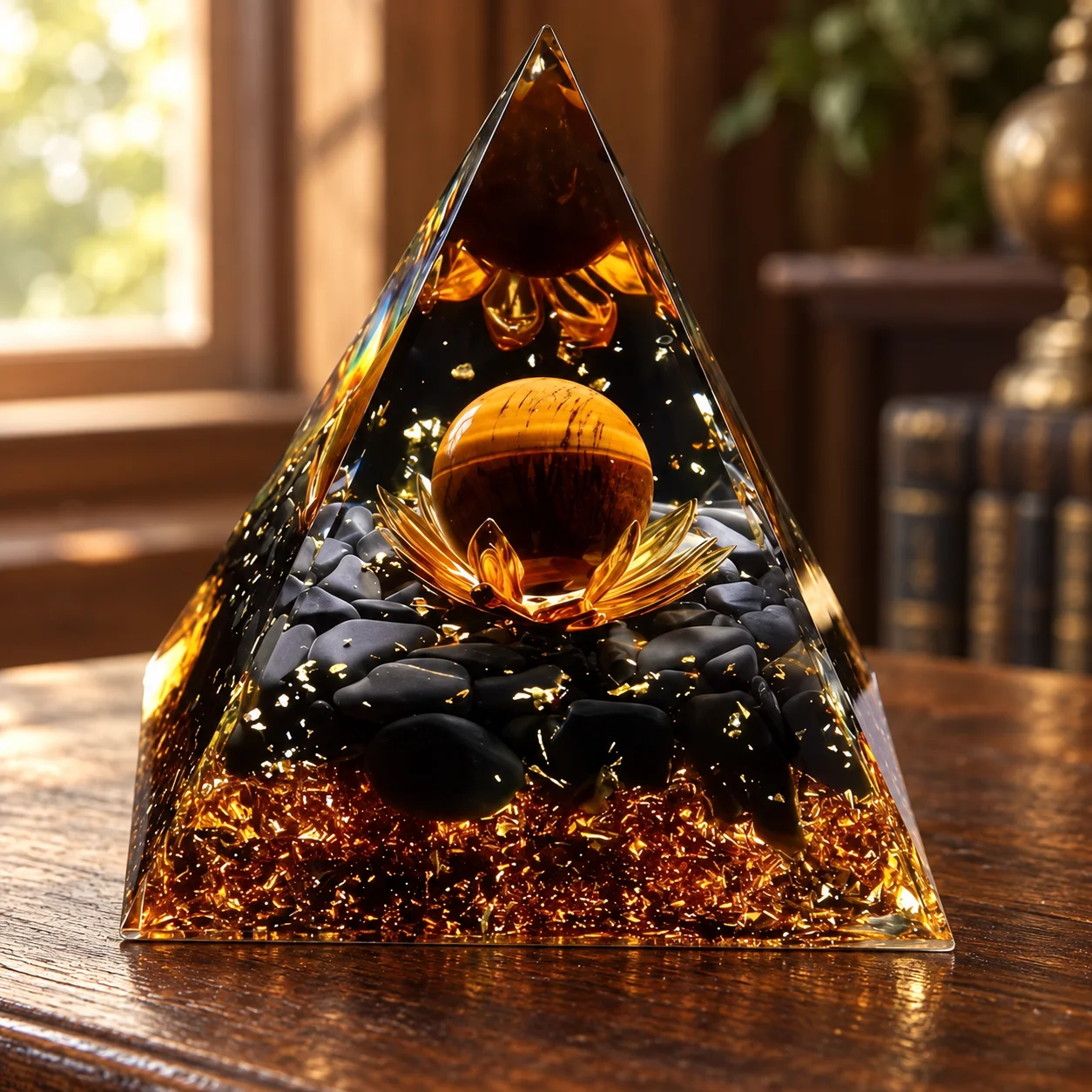 Orgonite Pyramid Natural Tiger Eye Sphere Black Obsidian Chips Orgone Energy Generator Resin Meditation Home Decor Gift