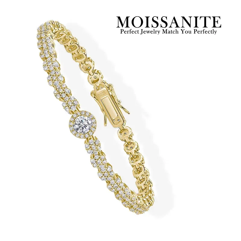 

Moissanite Bracelet 18K Gold Plated S925 Sterling Silver Round Center Stone Full Pave Perfect for Evening Daily Wear Gift