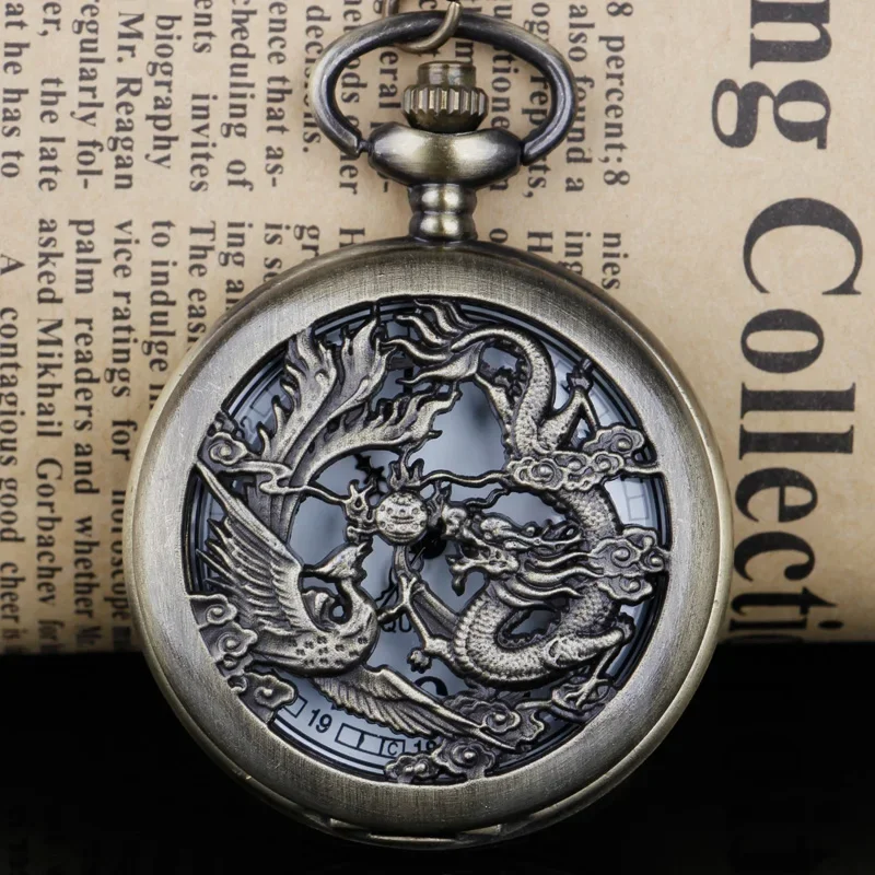 Vintage Bronze Engrave Chinese Style Dragon Design Quartz Pocket Watch With Necklace Chain Best Gift