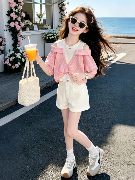 夏カジュアルストライプ半袖肩出しツーピースセット女性用韓国スタイル軽量通気性子供服