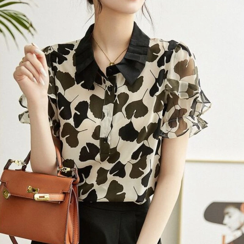 Cute Shirts & Blouses for Women with Print Summer Frill Woman Top Ruffle Youthful Clothes Fine Elegant Korean Style Chic Xl M S