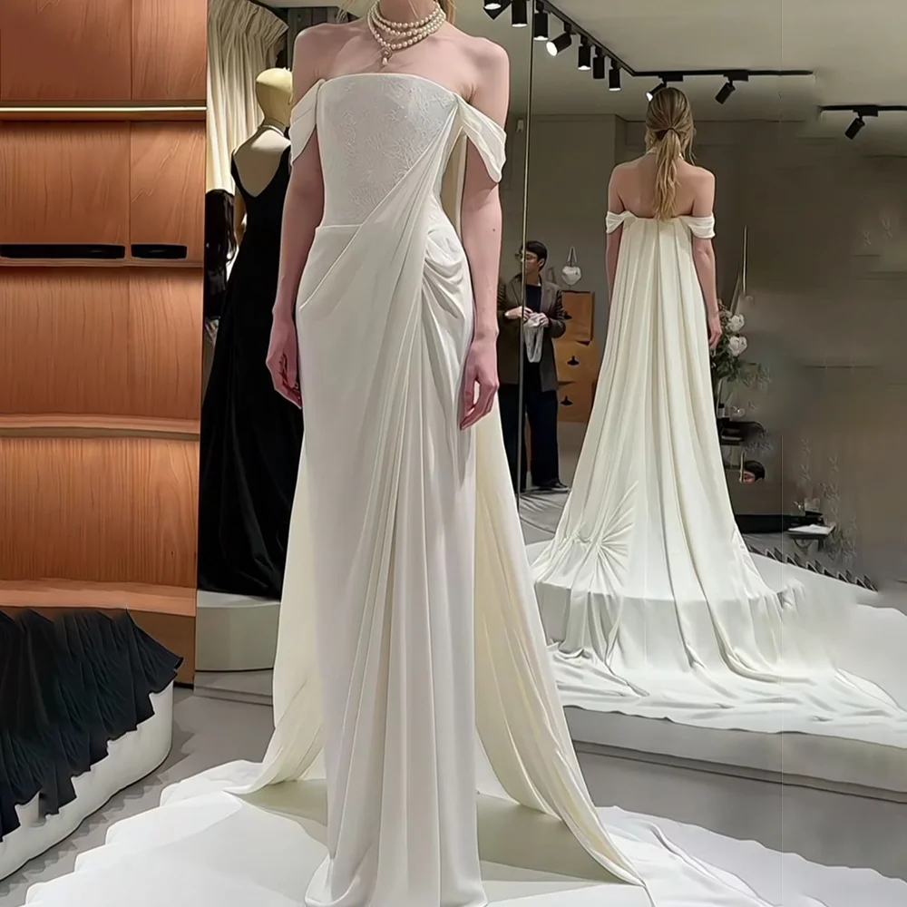 

Ruched Irregular Backless Wedding Dress Off The Shoulder Skinny Stretch Trend Elegant Long Evening Gown