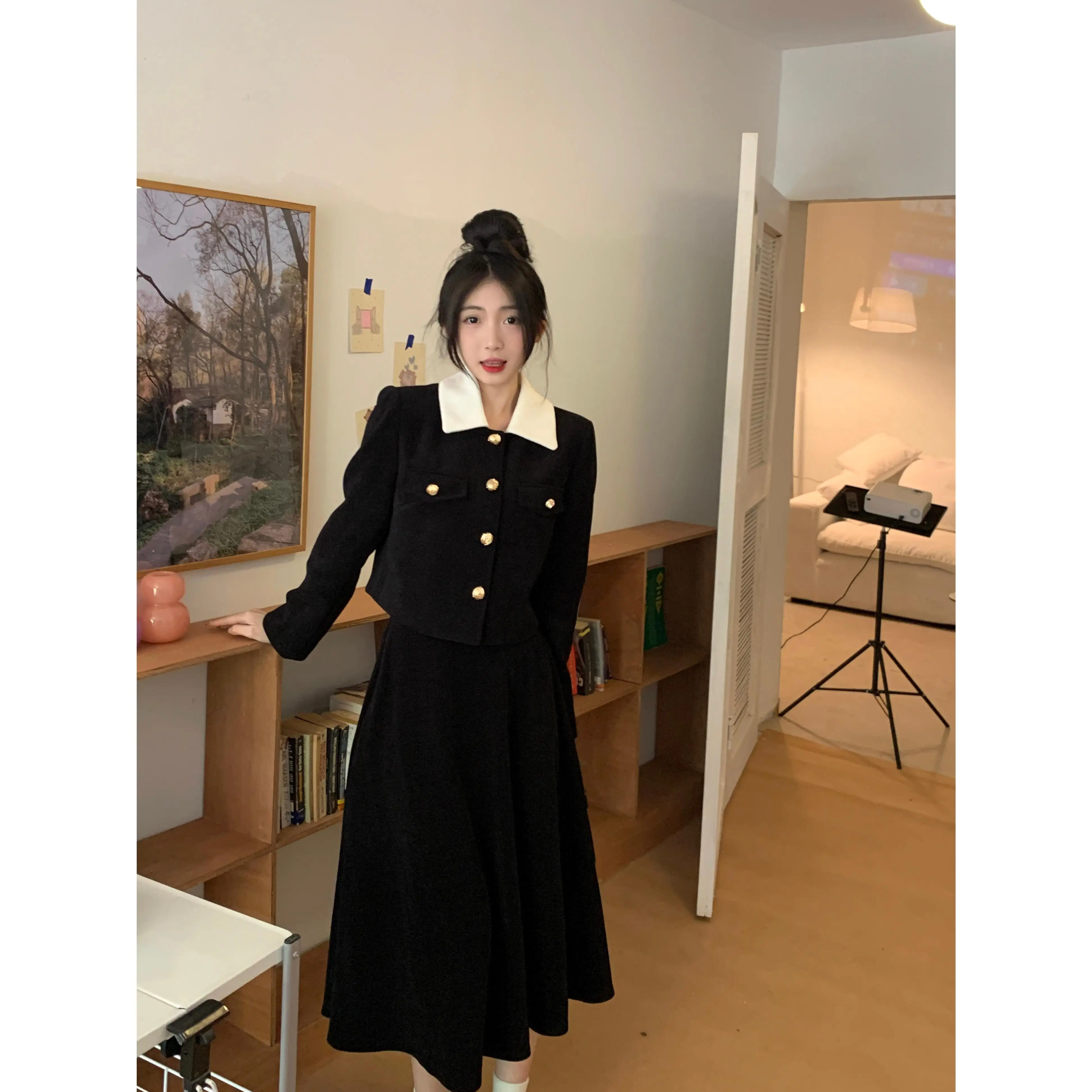 Thickened Bebe Velvet Small Fragrance Style Set Women's Spring Autumn Plump Red Dress Two Piece Set Age Reduction Pear Body S...