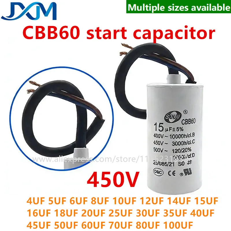 1pcs CBB60 Motor Start Capacitor for Washing Machine/Spin Dryer/Water Pump 4 5 6 8 10UF 12 14 15 16 18 20 30UF 40 50 60 80 100UF