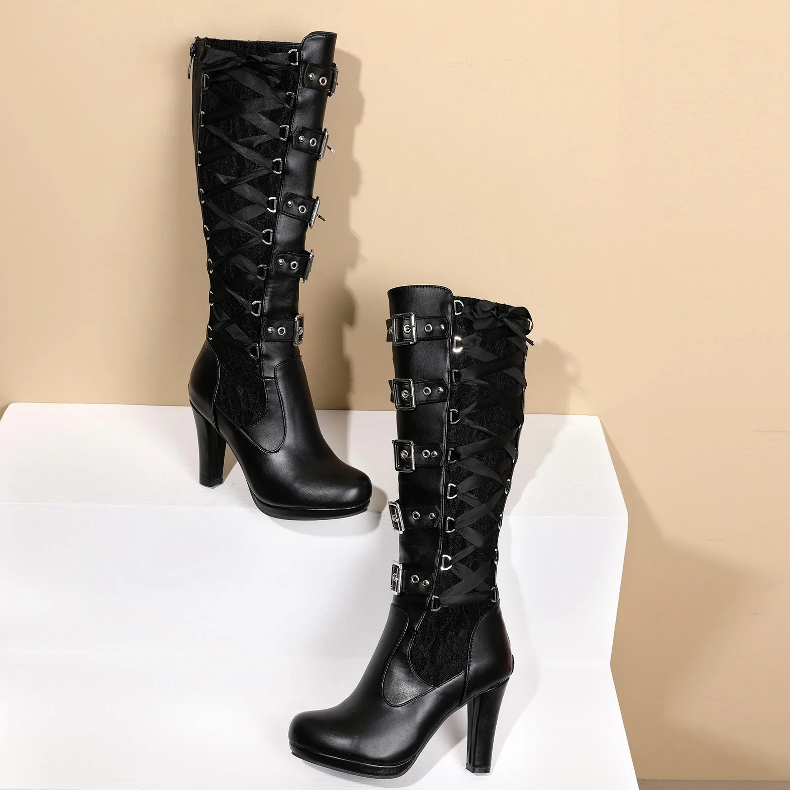 Stivali alti da donna autunno inverno stivale da cavaliere in pelle a tubo lungo Punk gotico classico nero scarpe con tacco alto al ginocchio