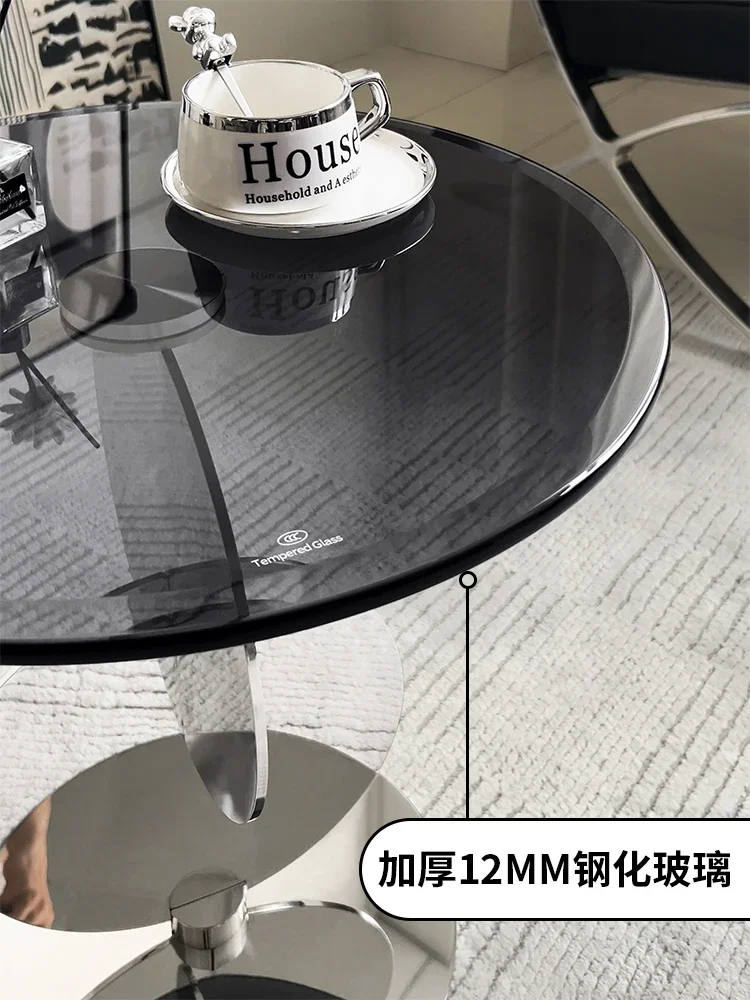 Minimalist High-end Sofa Edge Table, Movable Glass Small Coffee Table for Home Living Room, Stainless Steel Corner Table