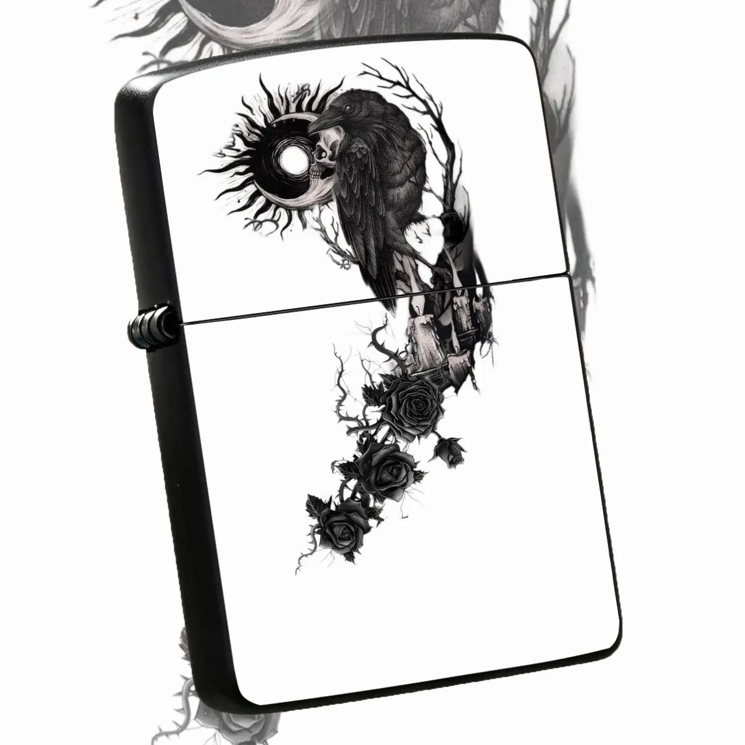 Gothic Dark Crow Pattern Lighter, Artistic Black Rose Dead Vine Decor, Creative Crescent Skull Themed Portable Accessory, Stylish Aesthetic Daily Use, Unique Ritualistic Practical Gift For Any Scenario A Humorous And Interesting Lighter