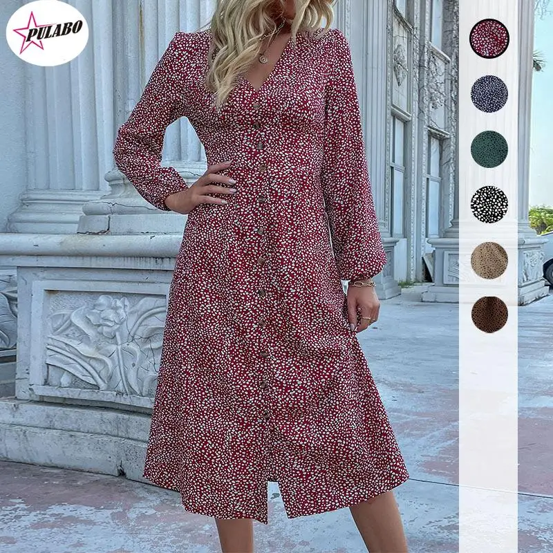 

PULABO Fashion Women Elegant V-Neck Single-Breasted Long Sleeve Dress Vestido Feminino Dresses For Women 2024 Autumn Winter